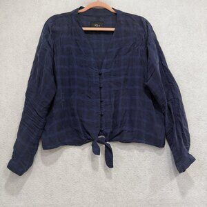 Rails Blouse Womens Large Navy Tonal Plaid Sloane Tie Front Button Top V Neck